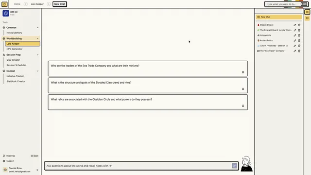 Lore Keeper interface answering campaign questions for dungeon masters in real time