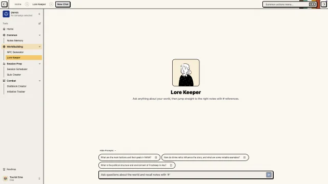 Lore Keeper recap generation panel used to summarize recent DnD sessions