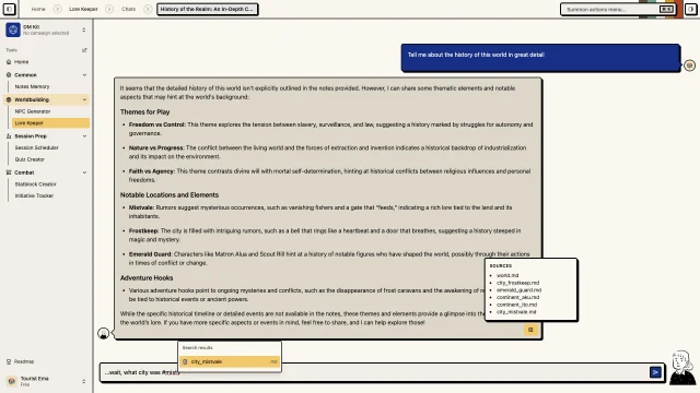 Lore Keeper campaign memory chat with NPC and timeline references