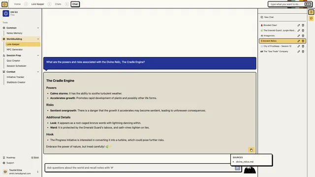 Lore Keeper campaign memory chat with NPC and timeline references