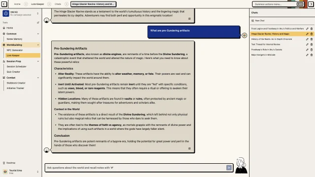 Lore Keeper interface answering campaign questions for dungeon masters in real time