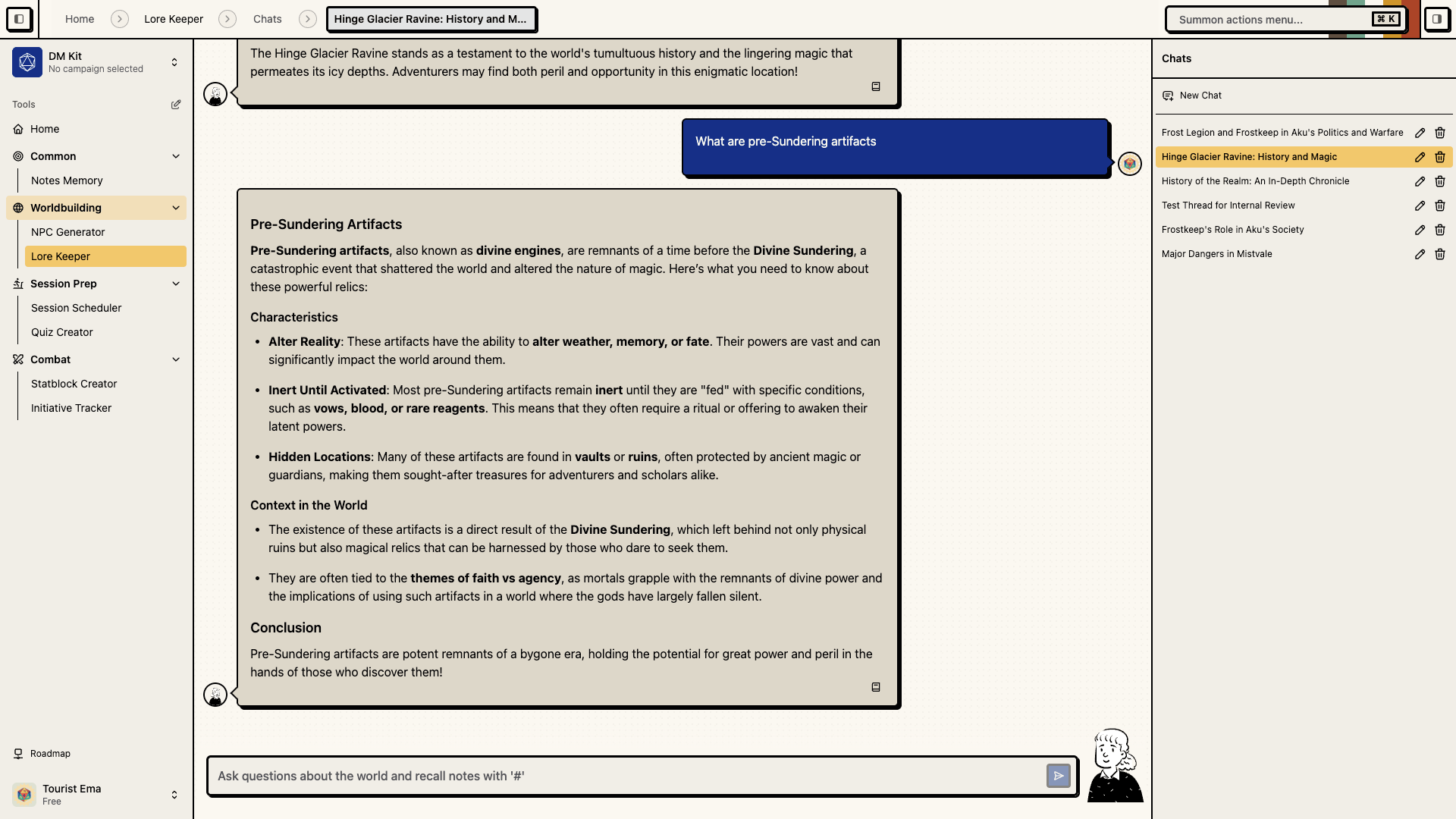Lore Keeper interface for campaign question and answer, recap drafting, and lore recall