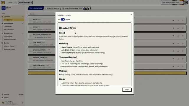 Notes Memory recap and organization view used by dungeon masters to keep continuity