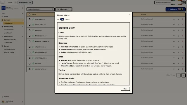 Note Dashboard wiki della campagna di memoria con categorie di tradizioni e ricerca rapida di dungeon master