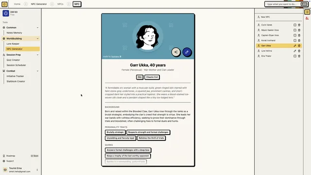 NPC Generator output with personality hooks and backstory fields for ttrpg campaigns