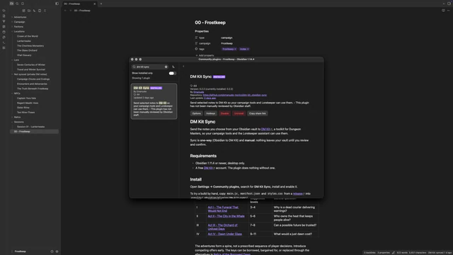 Obsidian community plugins list showing DM Kit Sync installed, with its requirements and install steps