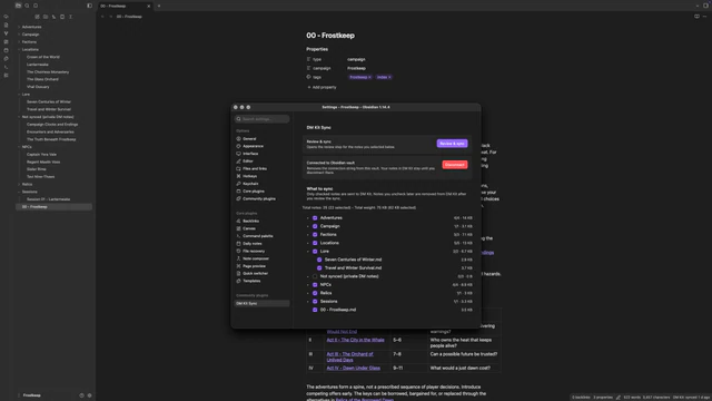 DM Kit Sync settings in Obsidian with a folder tree where chosen notes are ticked and private notes are left unticked