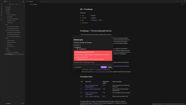 Review sync dialog listing changed notes and a warning that four notes will be removed from DM Kit, with a confirmation checkbox
