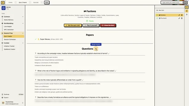 Quiz Creator editor for tuning question difficulty and topic scope
