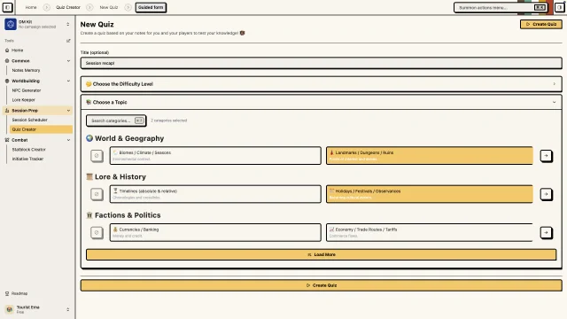 Interfaccia Quiz Creator che genera domande sulla trama della campagna dalle note DM