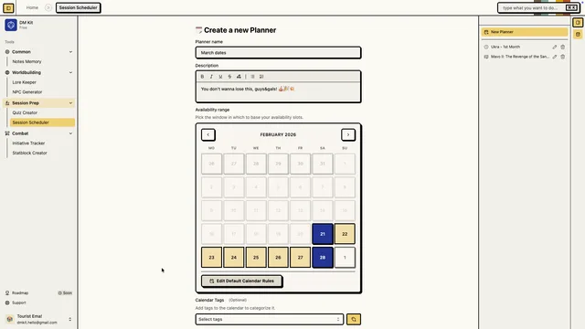 Session Scheduler availability poll interface for ttrpg party planning