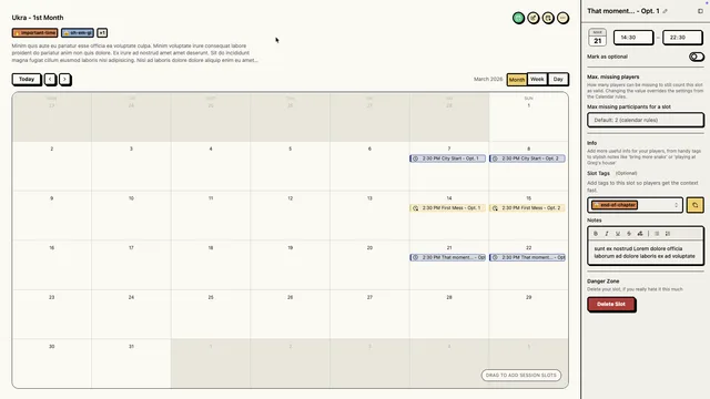 Session Scheduler date selection panel helping dungeon masters pick campaign sessions