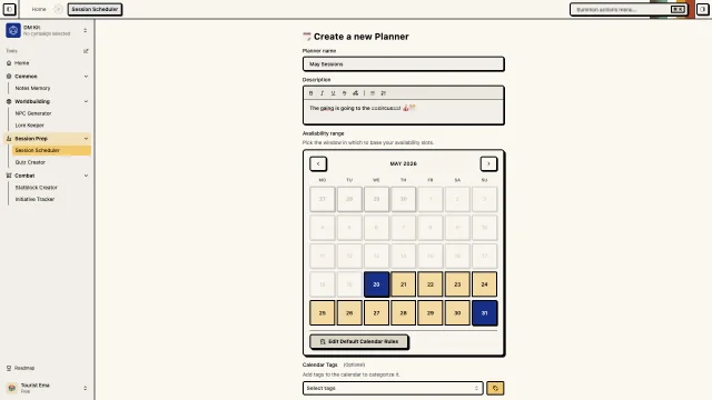 Interfaccia del sondaggio sulla disponibilità dello strumento di pianificazione delle sessioni per la pianificazione dei party ttrpg