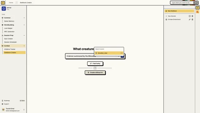Statblock Creator editor used to build dnd monster abilities and combat stats