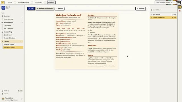 Statblock Creator action and trait customization panel for homebrew creatures