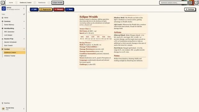 Editor di Statblock Creator utilizzato per creare abilità dei mostri e statistiche di combattimento